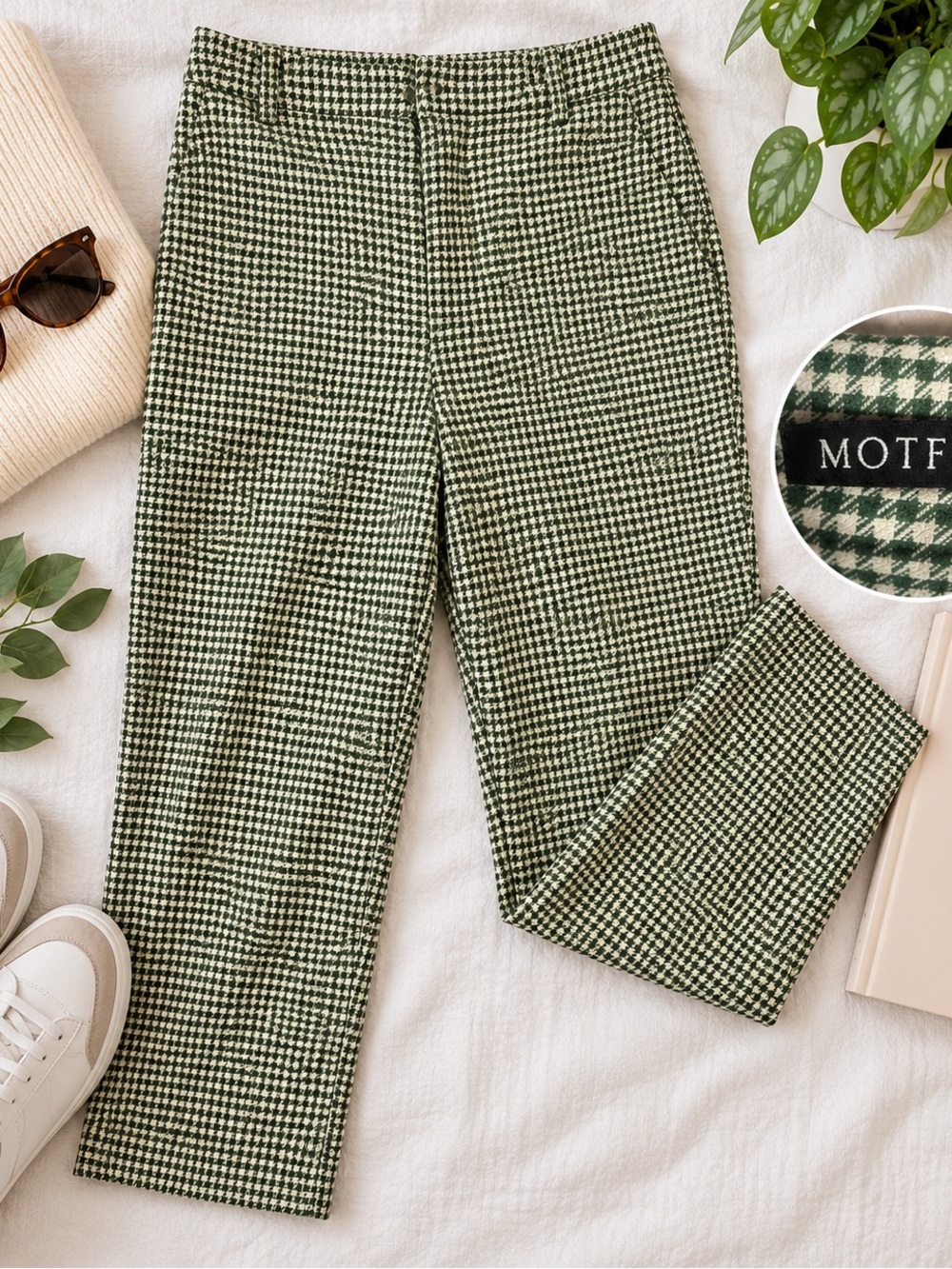 MOTF Green & Cream Houndstooth Tailored Pants – Size Small